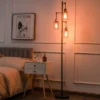 Tangkula 3 Lights Floor Lamp Retro Floor Lamp With 3-Head Hanging Amber Glass Shade Foot Switch Metal Base Industrial Floor Lamp Black