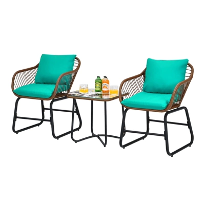 Tangkula 3 Pieces Outdoor Furniture Set Patio Bistro Set W/2 Armchairs & Tempered Glass Table White/Turquoise/Red 5 Tangkula 3 Pieces Outdoor Furniture Set Patio Bistro Set W/2 Armchairs & Tempered Glass Table White/Turquoise/Red - Image 3