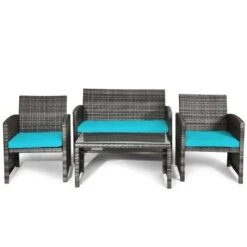 Tangkula 4-Piece Outdoor Patio Furniture Set Rattan Wicker Conversation Sofa Set W/Cushions Turquoise -Tangkula GUEST 981fb55e 5fb1 4f38 b229 3774d5c65e94