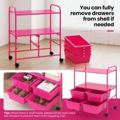 Tangkula 4-Drawer Rolling Storage Cart With 2 Shelves Mobile Utility Cart With Removable Drawers And Metal Frame With Lockable Wheels Pink -Tangkula GUEST 98661721 9c04 46da af4f 9cf6000f7a7c