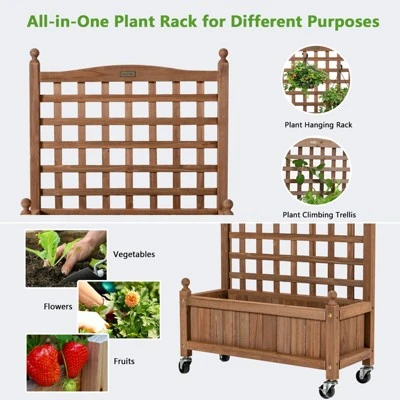 Tangkula 2PC 32in Wood Planter Box With Trellis And Wheels Mobile Plant Raised Bed For Indoor&Outdoor 7 Tangkula 2PC 32in Wood Planter Box With Trellis And Wheels Mobile Plant Raised Bed For Indoor&Outdoor - Image 5