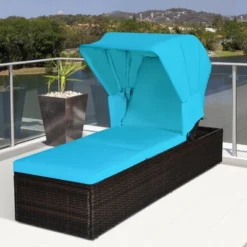 Tangkula Rattan Patio Chaise Lounge Chair W/ Adjustable Canopy Turquoise Cushion