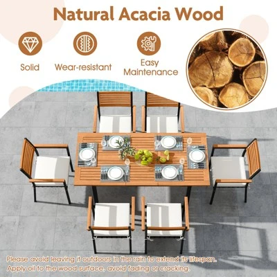 Tangkula 7-Piece Patio Furniture Set Outdoor Dining Chair Set For 6 W/ Acacia Wood & Metal Frame 5 Tangkula 7-Piece Patio Furniture Set Outdoor Dining Chair Set For 6 W/ Acacia Wood & Metal Frame - Image 3