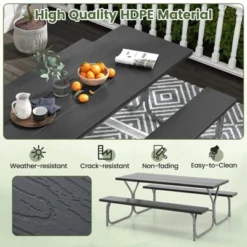 Tangkula Picnic Table Bench Set For 8 Person Outdoor Camping Table & 2 Benches With Metal Frame All-Weather Tabletop Black/Grey/Green/White -Tangkula GUEST 9c171d75 012c 4cd3 bd9f 435db02b36b7