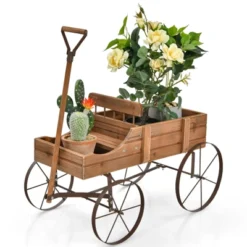 Tangkula Wooden Garden Flower Planter Wagon Wheel Plant Bed Decorative Garden Planter For Backyard Garden -Tangkula GUEST 9c7fa094 6c6e 491c ab4d efaa161014db