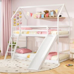 Tangkula Twin Over Twin House Bunk Bed W/ Slide Solid Wood Low Bunk Bed For Kids White