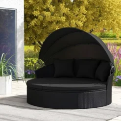 Tangkula Patio Round Daybed Wicker Daybed W/ Retractable Canopy Separated Seating Sectional Sofa