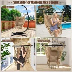 Tangkula Hammock Chair W/ Soft Pillow Cushions Pocket Hanging Rope Swing Steel Bar -Tangkula GUEST 9eb51436 75f0 4561 823a befda7f0f328