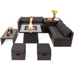 Tangkula 9 Pieces Outdoor Patio Furniture Set With 35" Propane Fire Pit Table Wicker Sectional Sofa Set W/ Storage Box Black/Gray/Navy/Red/Turquoise/Off White -Tangkula GUEST 9ebbb721 c1c8 4bae 8876 8d2271505323