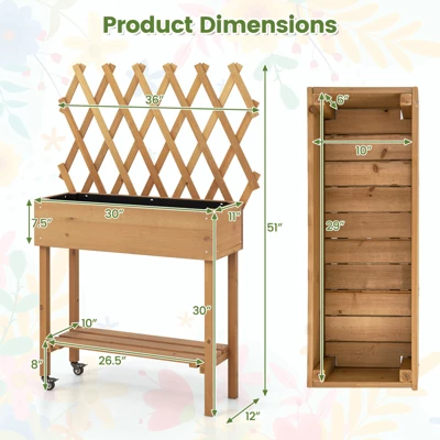 Tangkula Wooden Raised Garden Bed W/ Trellis Storage Shelf Legs Mobile Elevated Planter Box W/ Lockable Wheels Fabric Liner 10 Tangkula Wooden Raised Garden Bed W/ Trellis Storage Shelf Legs Mobile Elevated Planter Box W/ Lockable Wheels Fabric Liner - Image 8