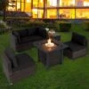 Tangkula 6 Piece Patio Wicker Conversation Set, Outdoor Rattan Sofa Set W/ 32" Propane Fire Pit Table, 50,000 BTU Heat, Tempered Glass Tabletop Black/Navy Blue/Red/Turquoise/Off White