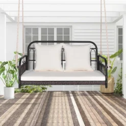 Tangkula Wicker Porch Swing 2-Person Outdoor Patio Hanging Chair W/ Cushions Mix Brown -Tangkula GUEST a03baa9b acf0 4886 8e8d 38deac598024