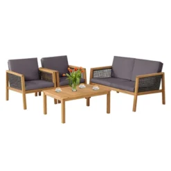 Tangkula 4PCS Patio Acacia Wood Furniture Set PE Rattan Conversation Set W/ Grey Cushions -Tangkula GUEST a0fac644 6d3d 4acc 82e8 40e7c3cbcf7f