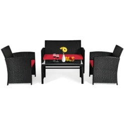 Tangkula 4 Piece Outdoor Patio Rattan Furniture Set Red Cushioned Seat For Garden, Porch, Lawn -Tangkula GUEST a16c763c ad5c 4f5d 9457 4af8c15b2e1b