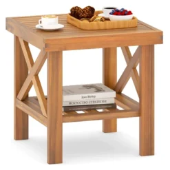 Tangkula Outdoor Side Table Acacia Wood Adirondack Table W/ Storage Shelf Natural -Tangkula GUEST a23c614d 228a 4b08 9489 3a3fb9cd39f7