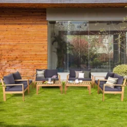 Tangkula 4 PCS Outdoor Acacia Wood Conversation Sofa Table Furniture Set W/ Grey Cushions -Tangkula GUEST a25ee807 3cb0 461c aca3 c3312f50e90f