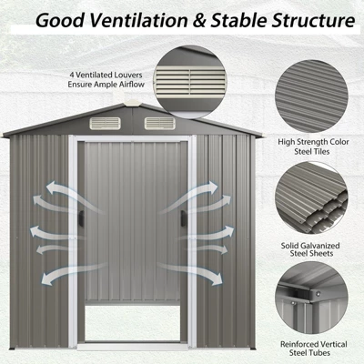 Tangkula 6' X 4' Outdoor Storage Shed Weather Resistant Galvanized Steel Shed With Tilted Roof Lockable Sliding Doors & 4 Air Vents 8 Tangkula 6' X 4' Outdoor Storage Shed Weather Resistant Galvanized Steel Shed With Tilted Roof Lockable Sliding Doors & 4 Air Vents - Image 6