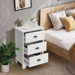 Tangkula End Table Nightstand Bedroom Storage W/ 3 Drawers & Wood Slide White -Tangkula GUEST a3bdb058 52c4 4fd3 9392 163046d80a43
