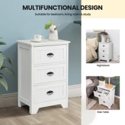 Tangkula End Table Nightstand Bedroom Storage W/ 3 Drawers & Wood Slide White -Tangkula GUEST a3e02b62 576b 4e16 b177 c120dbe141c4
