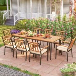 Tangkula 8-Person Outdoor Dining Table 79 Inch Acacia Wood Patio Table With Umbrella Hole Metal Legs & Adjustable Foot Pads -Tangkula GUEST a4621486 5ca6 44f9 86b0 a7792ff4128a