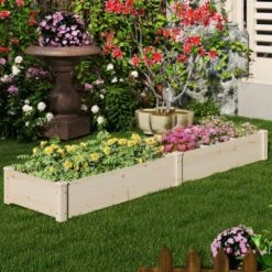 Tangkula Wooden Raised Garden Bed W/ 2 Planter Boxes Divider Open-Ended Base For Flower -Tangkula GUEST a4fb8e9e 5e96 47e5 a5ba 0c58b312aca4