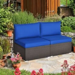 Tangkula 2PCS Patio Sectional Armless Sofas Rattan Furniture Set Outdoor W/ Cushions