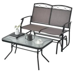 Tangkula 2 PCS Patio Glider Conversation Set Outdoor Loveseat Glider Chair W/ Tempered Glass Coffee Table -Tangkula GUEST a5afbfa1 dc32 42e9 80ff ef604662f405