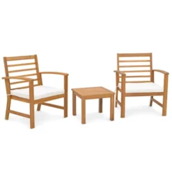 Tangkula 3PCS Furniture Set Acacia Wood Conversation Set W/ Soft Seat Cushions Outdoor White -Tangkula GUEST a6740069 0447 4169 a8b0 ee993a9df194