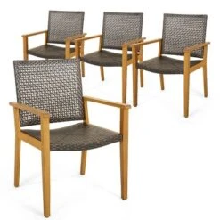 Tangkula Outdoor Rattan Chair Set Of 4 Patio PE Wicker Dining Chairs W/ Sturdy Acacia Wood Frame -Tangkula GUEST a687a975 9bc7 42a9 8810 4d2738dfcc6f