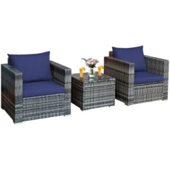 Tangkula 3-Piece Patio Wicker Conversation Set Bistro Rattan Sofa Chair With Washable Cushion -Tangkula GUEST a6b59429 be1e 4dd5 8a2b 77d2e2a0a669