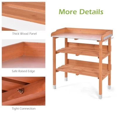 Tangkula Garden Wooden Potting Bench Work Station Table Tool W/5 Hooks Non-Slip Potting Tables Storage Shelf With Protective Footpads 10 Tangkula Garden Wooden Potting Bench Work Station Table Tool W/5 Hooks Non-Slip Potting Tables Storage Shelf With Protective Footpads - Image 8