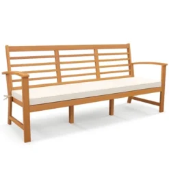 Tangkula 3-Seat Patio 64 Inch Wood Bench W/ Seat Cushion Slatted Seat & Backrest Outdoor -Tangkula GUEST a74a90e8 8102 47b4 ae41 1d4af5bf7a59