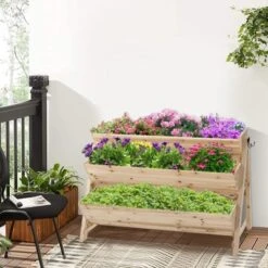 Tangkula 3-Tier Vertical Garden Bed Wooden Elevated Planter Bed W/ Legs Storage Shelf 2 Hooks Raised Bed Kit