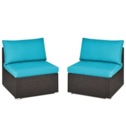 Tangkula 2PCS Patio Wicker Rattan Sectional Armless Chair Sofa W/ Turquoise Cushion