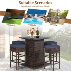 Tangkula Tangkula 5PCS Patio Bar Set Rattan Bar Furniture Set W/ Table & 4 Cushioned Stools Navy -Tangkula GUEST a87be921 e220 4800 ae92 d6592ed76963
