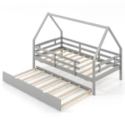 Tangkula Twin Size House Bed W/ Trundle Wooden Kids Bed W/ Safety Rails & Decorable Roof -Tangkula GUEST a87d4e0c faf4 4f27 b9fb 105d5aaa3fe7