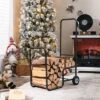 Tangkula Firewood Log Cart Carrier, Wood Hauler With 2 Rubber Wheels & Ergonomic Handle Heavy-Duty Steel Frame Indoor Outdoor Fireplace Tools
