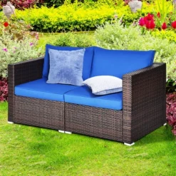 Tangkula 4PCS Rattan Corner Sofa Set Patio Outdoor Furniture Set W/ Navy Cushions