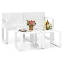 Tangkula 3 PCS Patio Furniture Set W/1 Loveseat & 2 Side Tables All-Weather Bistro Set White -Tangkula GUEST a8a1aa30 7057 46c7 8abd 4b69633a1f6c