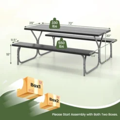 Tangkula Picnic Table Bench Set For 8 Person Outdoor Camping Table & 2 Benches With Metal Frame All-Weather Tabletop Black/Grey/Green/White -Tangkula GUEST a8b1f395 fbed 4fca a0f3 33e02e484ba1