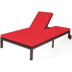 Tangkula Adjustable Patio Rattan 2 Person Recliner Lounge Chair W/ Red Cushion Wheel -Tangkula GUEST a8b457a0 1b7a 41e4 9adb fba628557e0a