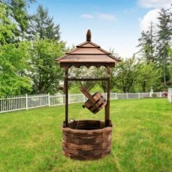 Tangkula Rustic Wishing Well Fountain Outdoor Patio Wooden Water Fountain W/ Electric Pump