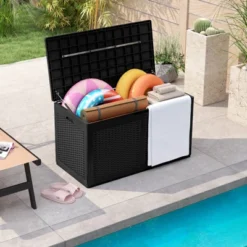 Tangkula 103 Gallon Resin Outdoor Storage Box Waterproof Deck Box W/ Lockable Lid & Wheels Brown/Black/Grey