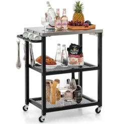 Tangkula 3-tier Outdoor Grill Cart On Wheels W/ Stainless Steel Top & Handle 3 Hooks Patio -Tangkula GUEST a986cfe8 40df 41d0 baba c28c52b80356