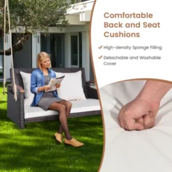 Tangkula 2-seater Hanging Swing Porch Swing PE Wicker Swing Outdoor Hanging Swing Garden Poolside -Tangkula GUEST aa12fdf1 e8bf 4499 aecd 323e7ef6e196