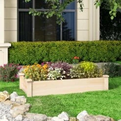 Tangkula Wooden Raised Garden Bed Rectangular Planter Box For Vegetables Fruits Flowers Herbs Outdoor Elevated Planting Bed For Garden