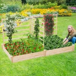 Tangkula Raised Garden Bed With 3 Trellises Outdoor Wood Planter Box With Divided Compartments