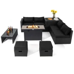 Tangkula 9 PCS Outdoor PE Rattan Wicker Sectional Sofa With 42" 60,000 BTU Gas Fire Pit Table Space-Saving Conversation Set With Storage Box Black -Tangkula GUEST aaa366ad 458a 42b3 9e8f 8141d2e2e34e