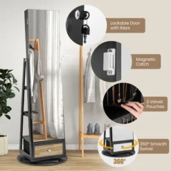 Tangkula 360° Swivel Jewelry Cabinet W/ Mirror Jewelry Storage Organizer Built-in Lights Black -Tangkula GUEST aadcfcef ab90 49ad 9d6d 6fdd16a63056