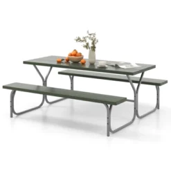 Tangkula Picnic Table Bench Set For 8 Person Outdoor Camping Table & 2 Benches With Metal Frame All-Weather Tabletop Black/Grey/Green/White -Tangkula GUEST abb3842a 2f05 44f9 9e13 b0a2cde48efa